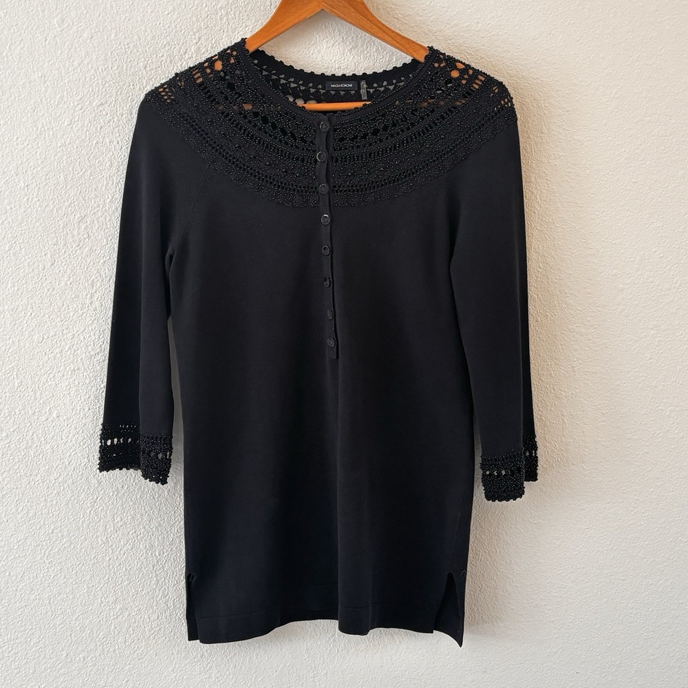 Magaschoni Beaded Crochet Long Cardigan Sweater Womens‎ XS Quiet Luxury Retro